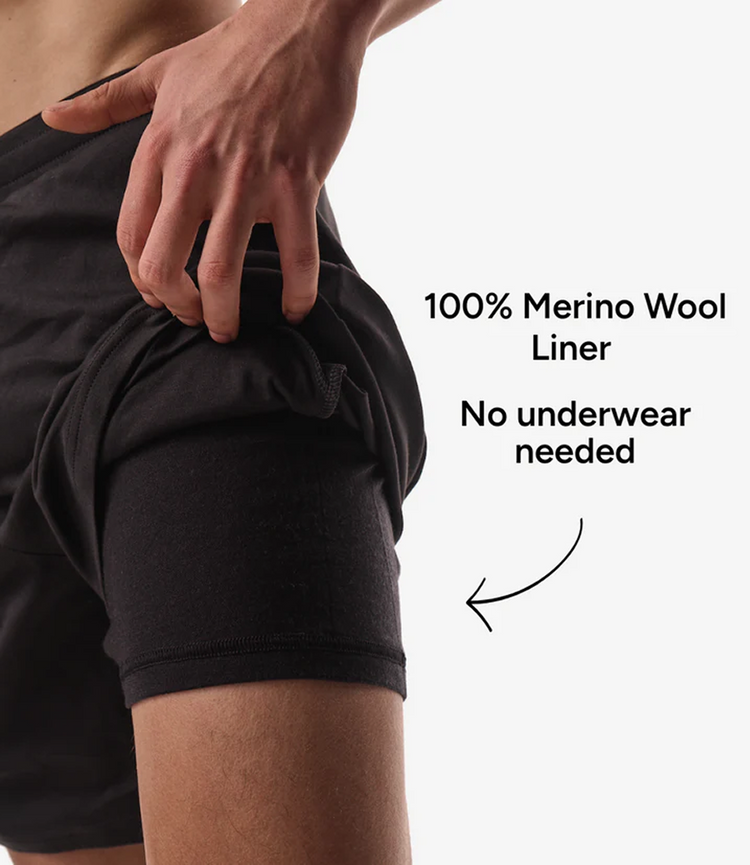 Nero shorts with the waistband lifted to show the built in merino wool liner