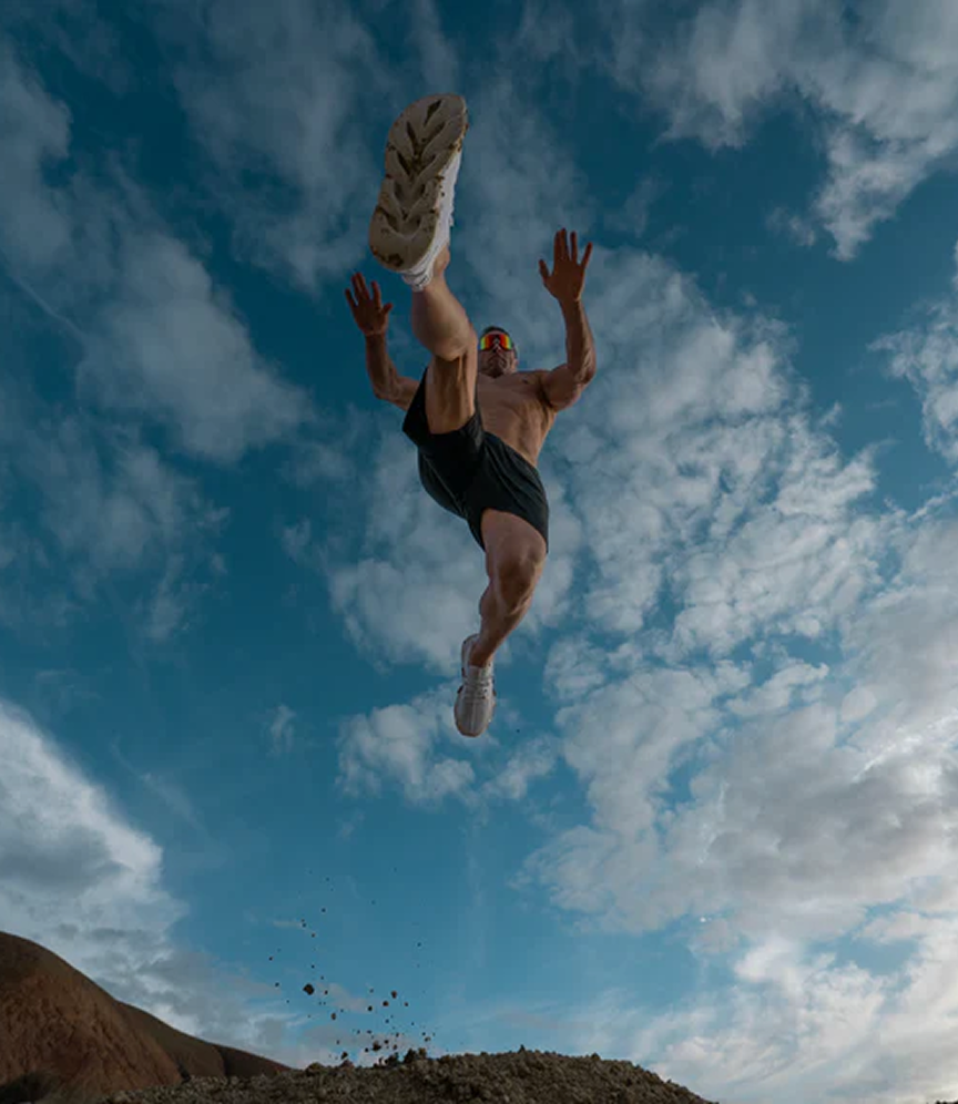 Low angle view of Nero training shorts mid movement
