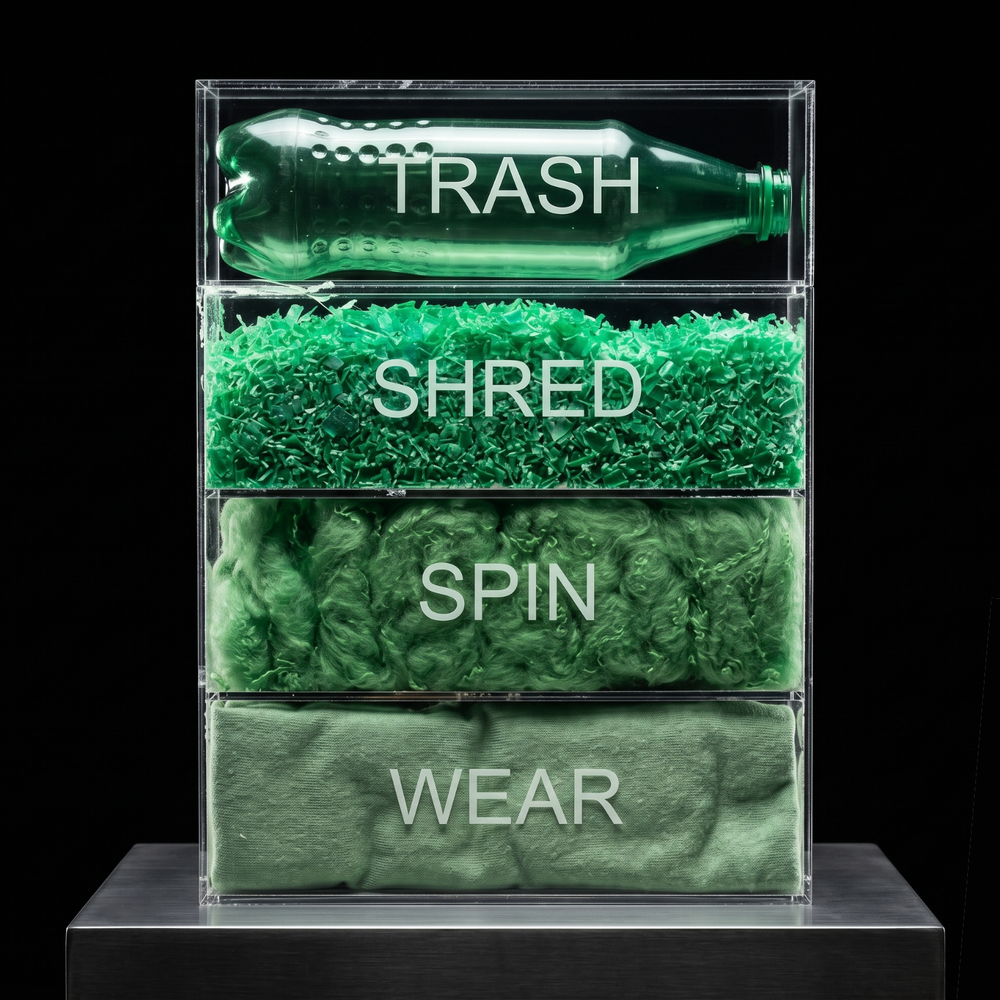 How polyester activewear is made, from plastic bottle to shredded flake to spun yarn to finished garment